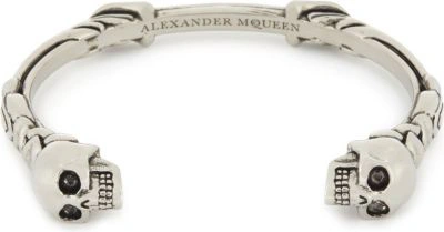 Shop Alexander Mcqueen Twin Textured Skull Bracelet In Silver