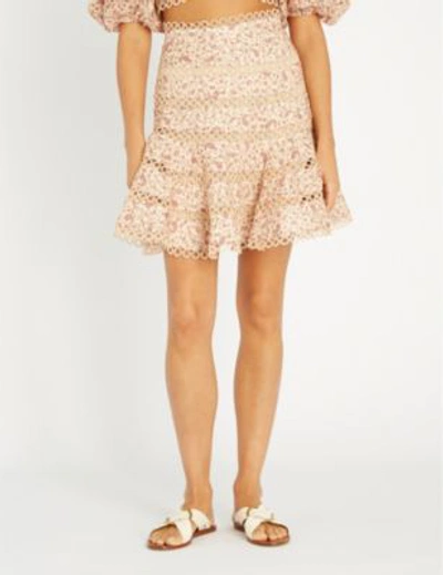 Shop Zimmermann Cream Floral Juniper Contour Ring Linen Skirt In Cream Paisley