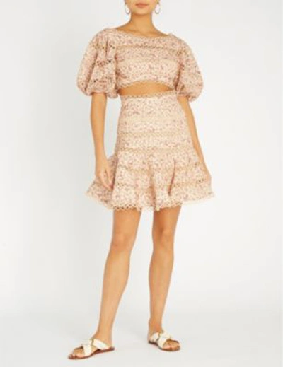 Shop Zimmermann Cream Floral Juniper Contour Ring Linen Skirt In Cream Paisley