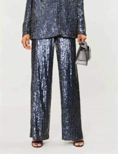 Shop Alice And Olivia Racquel Wide-leg Sequinned And Beaded Trousers In Blk/spphre