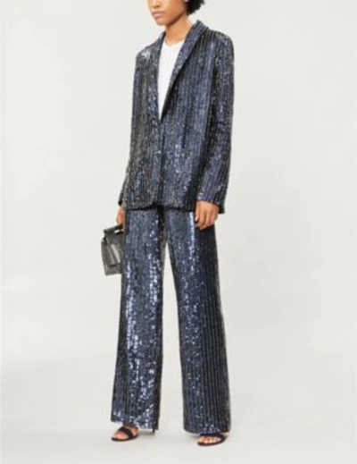 Shop Alice And Olivia Racquel Wide-leg Sequinned And Beaded Trousers In Blk/spphre