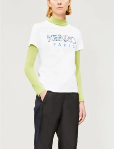 Shop Kenzo Logo-embroidered Cotton-jersey T-shirt In White