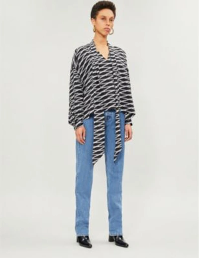 Shop Balenciaga Women's Grey Zigzag Logo-print Silk Shirt