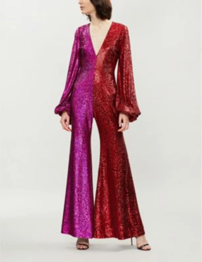 Shop Halpern Two-tone Sequinned Jumpsuit In Red Pink