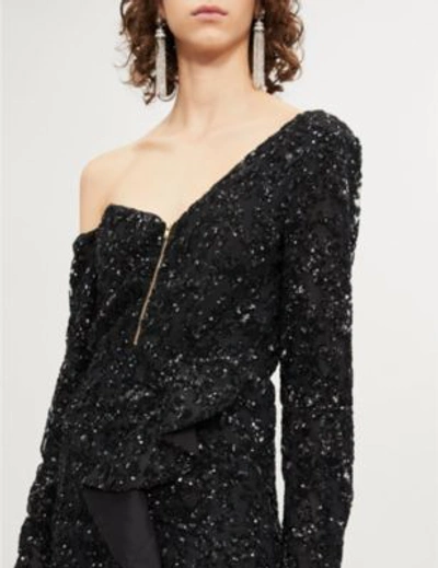 Shop Self-portrait One-shoulder Ruffled Sequinned Mini Dress In Black