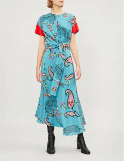 Shop Etro Paisley-print Asymmetric Silk-crepe Midi Dress In Light Blue