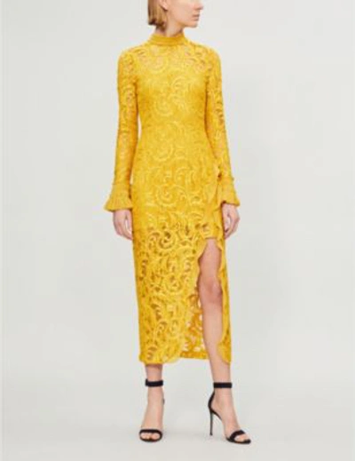 Shop Alexis Fala Ruffle-trimmed Side-split Lace Dress In Gold Lace
