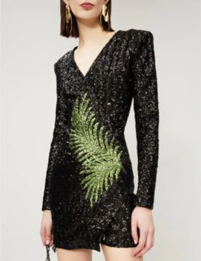 Shop Balmain Leaf-motif Foldover Sequinned Dress In Black Green