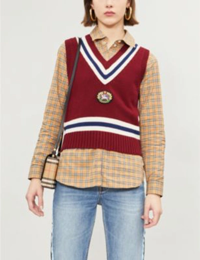 Shop Burberry Crest-embroidered Sleeveless Wool And Cashmere-blend Top In Burgundy