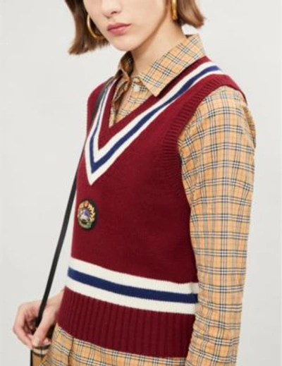 Shop Burberry Crest-embroidered Sleeveless Wool And Cashmere-blend Top In Burgundy