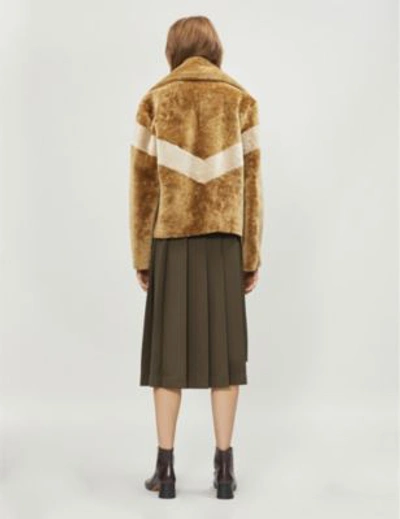 Shop Sandro Chevron-stripe Shearling Jacket In Camel