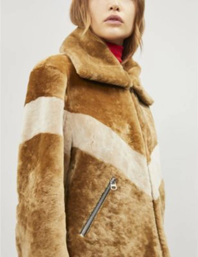 Shop Sandro Chevron-stripe Shearling Jacket In Camel
