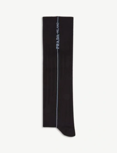 Shop Prada Calzino Long Socks In Nero/celeste