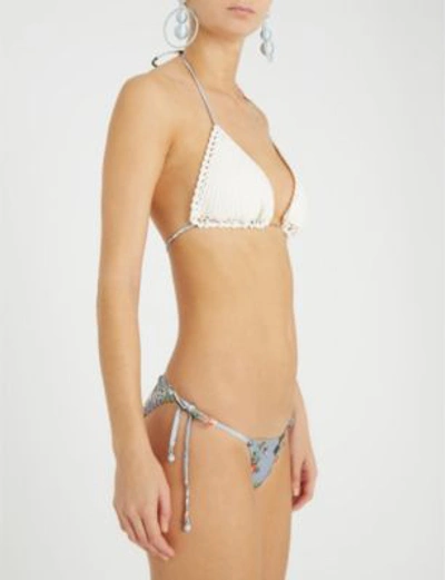 Shop Zimmermann Blue And White Floral Bowie Crochet Bikini Bottoms In Mismatched