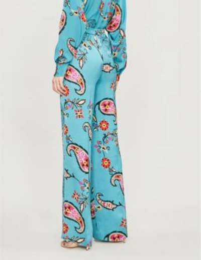 Shop Etro Paisley-print High-rise Wide Satin Trousers In Light Blue