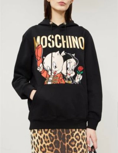 Shop Moschino Porky Pig-motif Cotton-jersey Hoody In Black