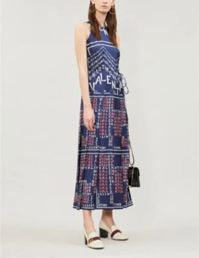 Shop Valentino Logo-print Silk-satin Dress In Brick Pure Blue