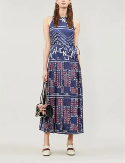 Shop Valentino Logo-print Silk-satin Dress In Brick Pure Blue