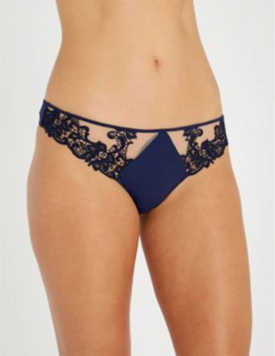 Shop Simone Perele Saga Mesh And Stretch-lace Thong In 525 Navy