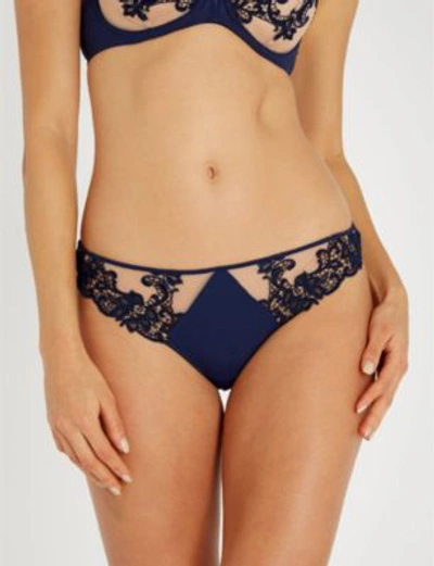 Shop Simone Perele Saga Mesh And Stretch-lace Thong In 525 Navy