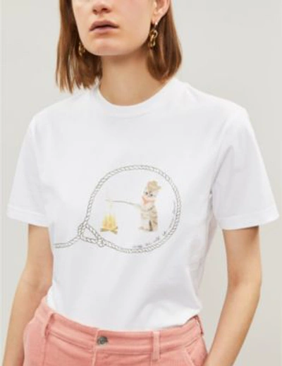 Shop Ganni Harris Cat-print Cotton-jersey T-shirt In Bright Wht