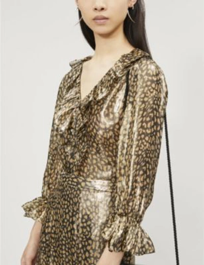 Shop Alice And Olivia Ladies Black Silver And Gold Elliot Metallic Animal-print Silk-blend Top In Blksilgld