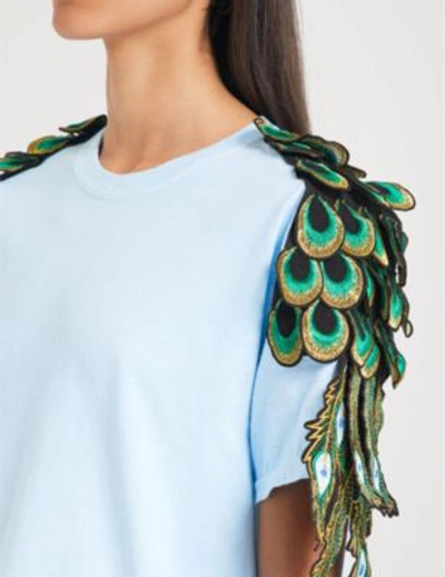 Shop Ragyard Peacock Appliqué Cotton T-shirt In Blue