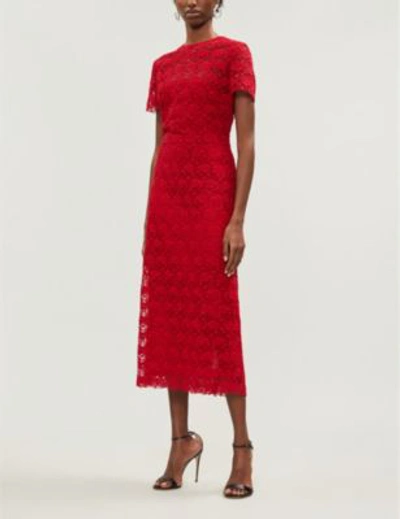 Shop Valentino Floral-lace Midi Dress In Rosso