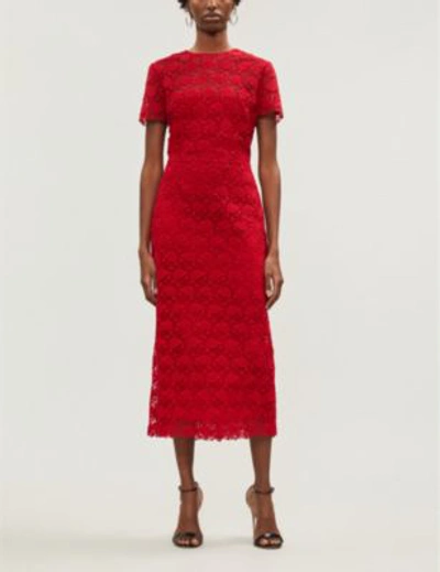 Shop Valentino Floral-lace Midi Dress In Rosso
