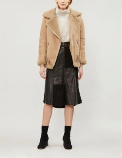 Maje Gombery Real Sheep Shearling Detail Moto Jacket In Beige | ModeSens