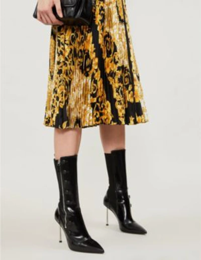 Shop Versace Scarf-print Plissé Silk Midi Skirt In Gold Print