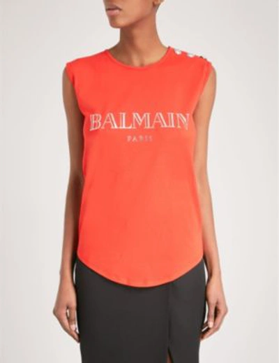 Shop Balmain Metallic Logo-print Cotton Top In Rouge