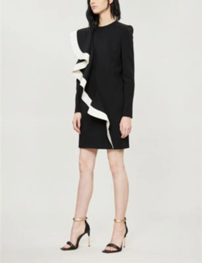 Shop Givenchy Contrast-ruffle Wool-crepe Dress In Black Natural