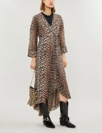 Shop Ganni Ladies Brown And Black Leopard All-over Polka Dot Print Mullin Georgette Dress