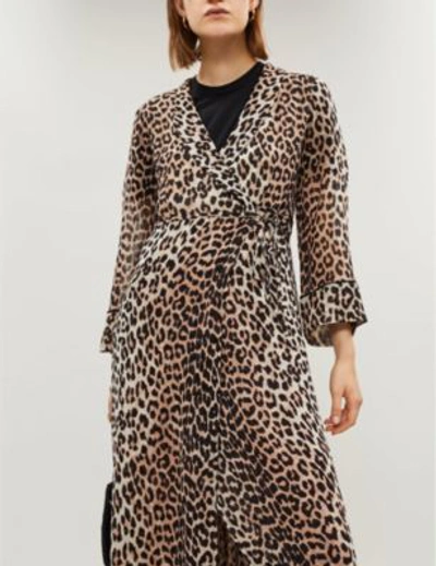Shop Ganni Ladies Brown And Black Leopard All-over Polka Dot Print Mullin Georgette Dress