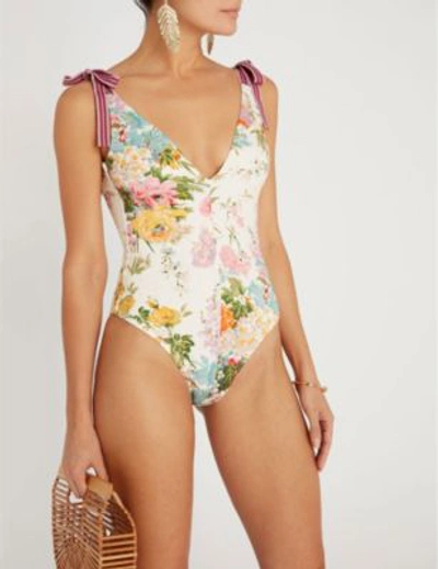 Shop Zimmermann Heathers Tie-shoulder Swimsuit In Garden Floral