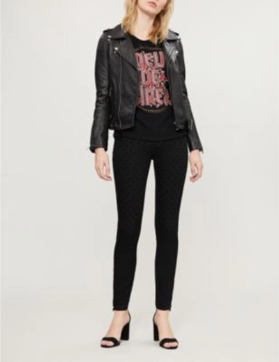 Shop Claudie Pierlot Patiente Velvet Polka Dot Skinny High-rise Jeans In Noir