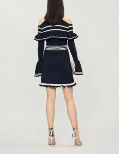 Shop Self-portrait Striped Cold-shoulder Cotton-blend Dress In Navy-ivory