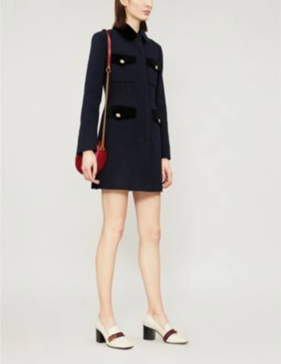 Shop Gucci Velvet-trimmed Wool-blend Coat In Ink Mc