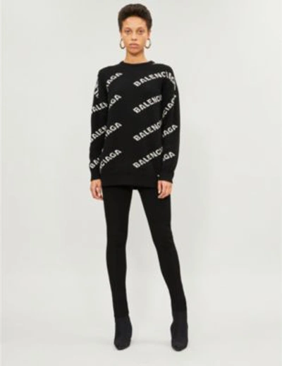 Shop Balenciaga Women's Black And White Logo-intarsia Knitted Jumper In Black/white