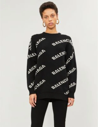 Shop Balenciaga Women's Black And White Logo-intarsia Knitted Jumper In Black/white