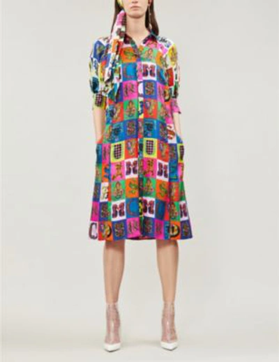 Shop Versace Alphabet-print Silk Midi Dress In Multicolor