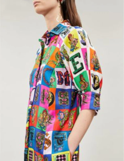 Shop Versace Alphabet-print Silk Midi Dress In Multicolor