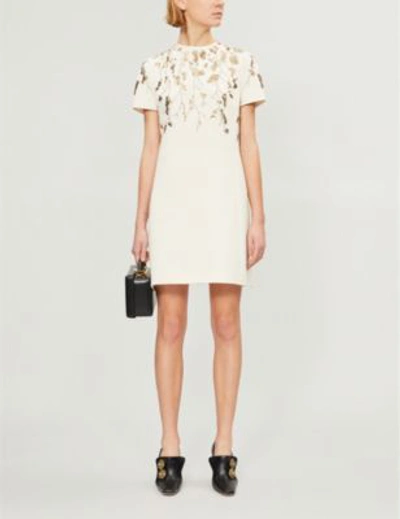 Shop Valentino Embellished Wool And Silk-blend Dress In Avorio Oro