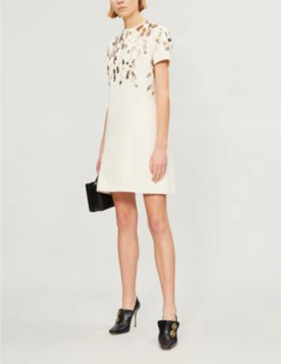 Shop Valentino Embellished Wool And Silk-blend Dress In Avorio Oro