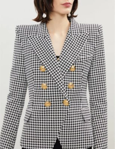 Shop Balmain Double-breasted Houndstooth Cotton-blend Jacket In Black White