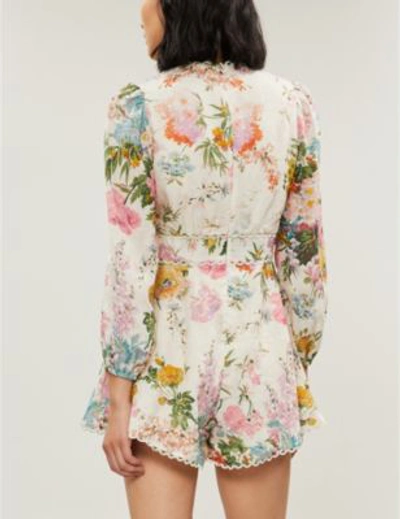 Shop Zimmermann Pink And White Heathers Plunge Floral-print Linen Playsuit In Gardenflrl