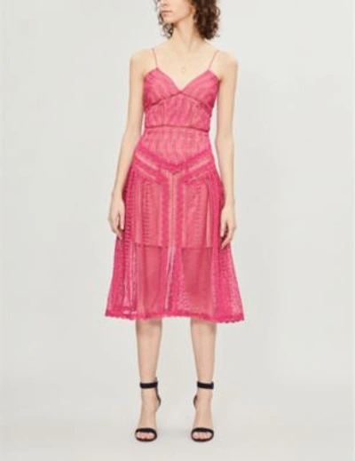Shop Self-portrait Panelled Spiral-lace Flared Dress In Fuchsia