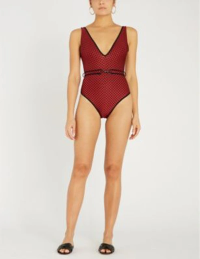 Shop Zimmermann Red Juno Belted Swimsuit In Red Dot