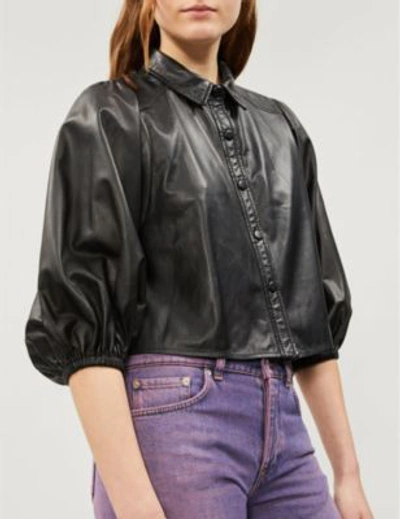 Shop Ganni Rhinehart Cropped Leather Shirt In Black